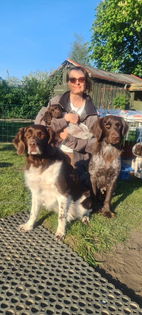 Munsterhusets Mynta som hvalp ved ankomsten til Danmark, sammen med Claudia og de voksne hunde